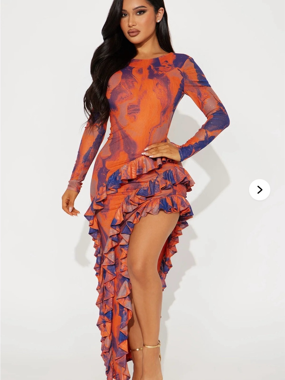 Asymmetrical Ruffle Long-Sleeve Dress in Orange & Purple